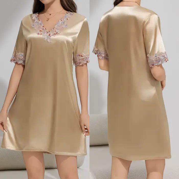Chemise de nuit Sexy en dentelle pour femmes, col en v, manches courtes, peignoir, robe de maison, a