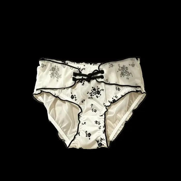 Culotte Femme Taille Basse Style Chinois à Volants et Boucles, en Maille Transparente et Soie Glacée