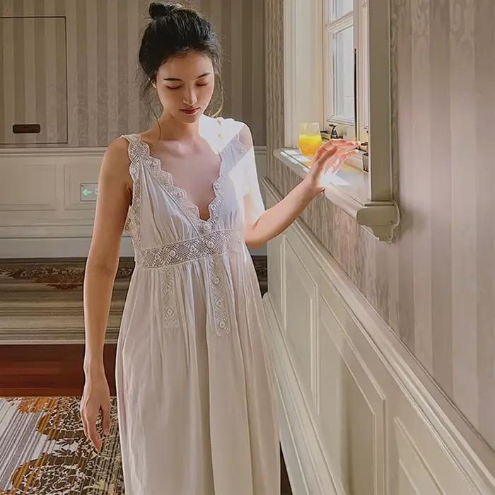 Chemise de nuit sexy à col en V de style français pour femmes, chemise de nuit princesse blanche, ch