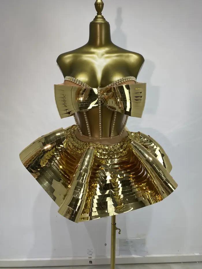 Costumes de danseuse de discothèque, Bustier miroir doré, haut Corset et Mini jupe bouffante, 2 pièc