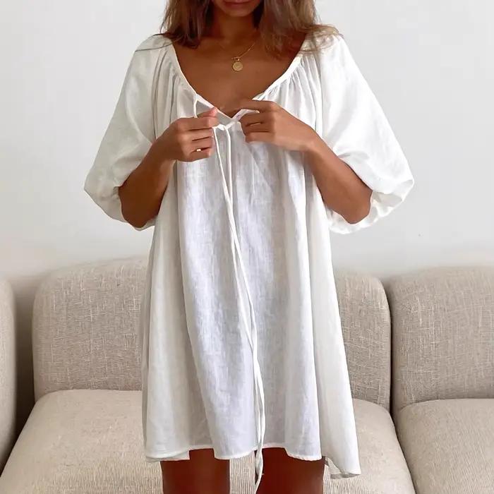 Nouvelle Robe de Nuit et de Détente en Coton Pur 2026 pour Femme, Blanche, Confortable, Respirante, 