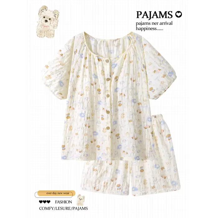 Ensemble pyjama imprimé chiot pour femme, 2 pièces, style japonais, en coton doux, manches courtes e