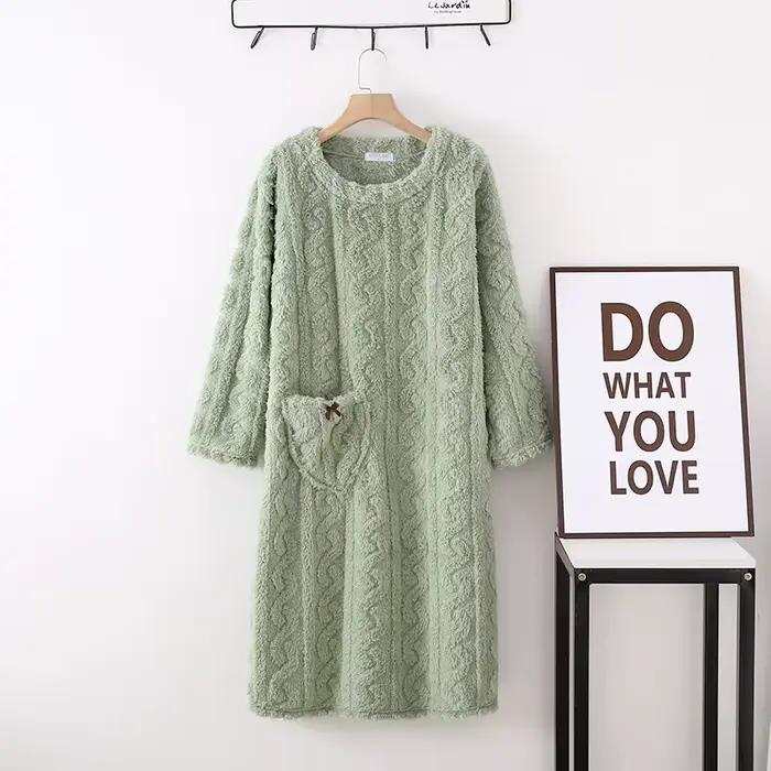Décontracté épaissir flanelle chemise de nuit ample chaud automne hiver femmes chemises de nuit poch