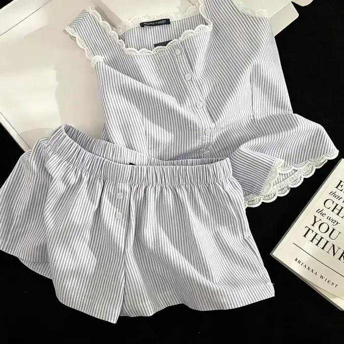 Pyjama rayé pour femme, ensemble 2 pièces d'été sans manches avec short et débardeur en dentelle, st