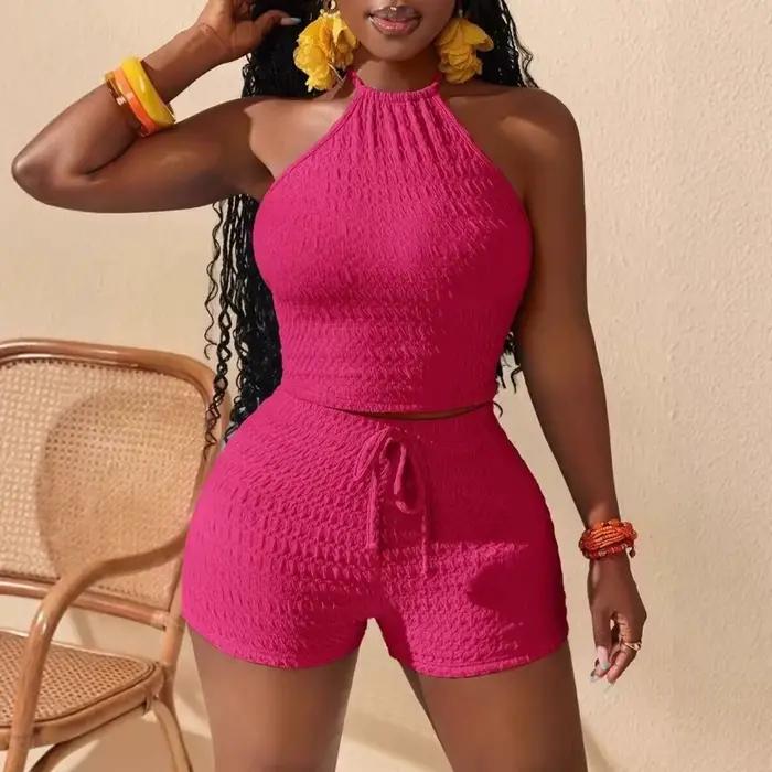 Ensemble deux pièces sexy moulant d'été pour femme : haut court dos nu sans manches et short taille 