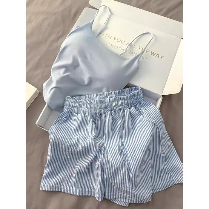 Pyjama de couleur unie avec coussinets de poitrine, short rayé pour femmes, Camisole fine, vêtements