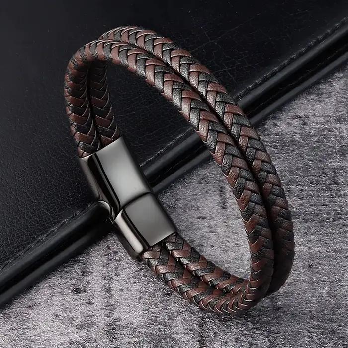Bracelet en cuir véritable tressé noir et bleu pour hommes, Double bande
