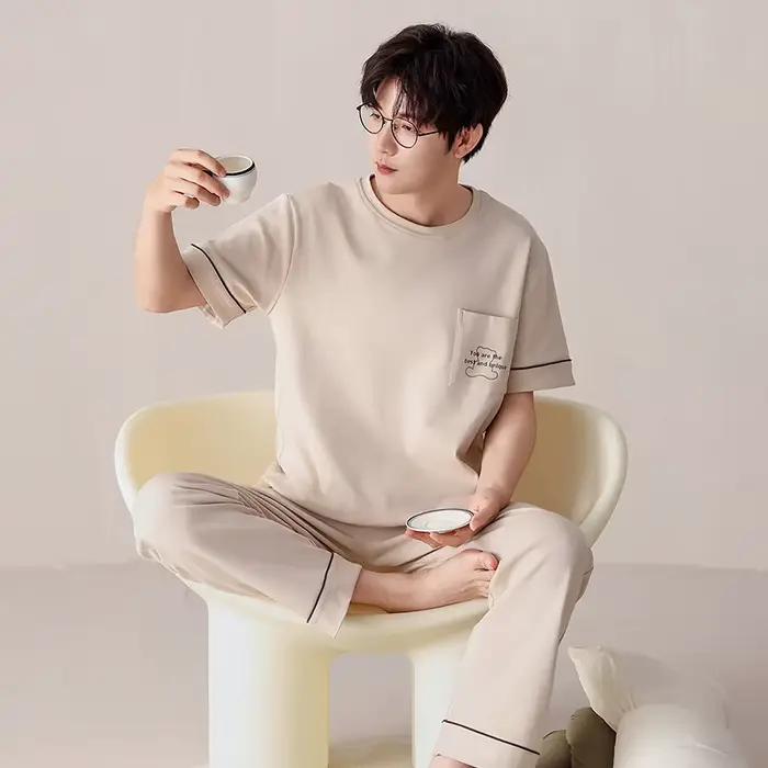 Ensemble pyjama pour Couple, 100% coton, couleur unie, pour hommes et femmes, haut court + pantalon 