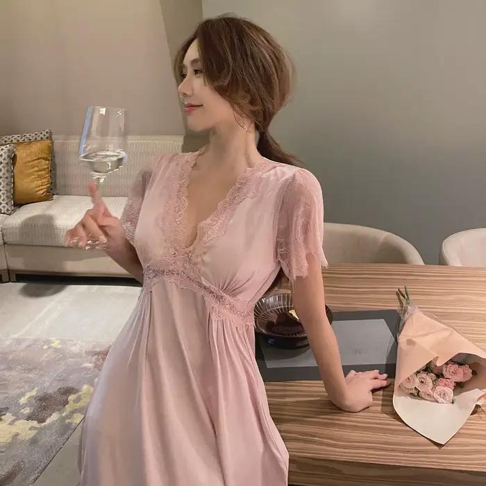 Chemise de nuit longue en dentelle pour femmes, vêtements de nuit avec coussinet de poitrine amovibl