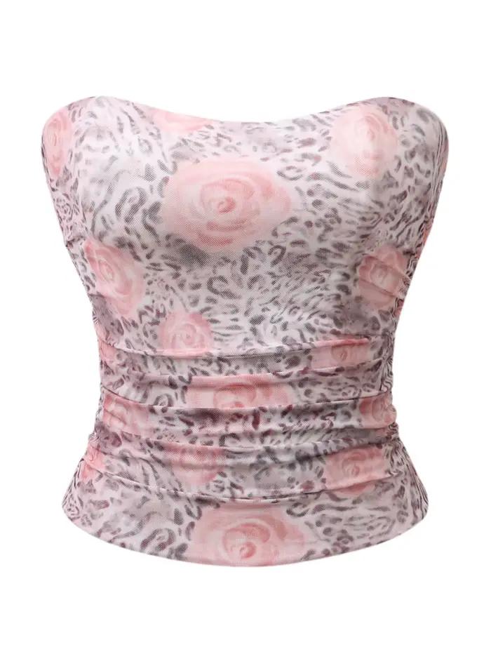 Corset bustier rose imprimé léopard en maille pour femme, sans bretelles, froncé sur les côtés, à la