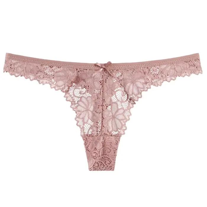 Sexy T-Back taille moyenne dentelle string culottes pour femmes Transparent en forme de V sous-vêtem