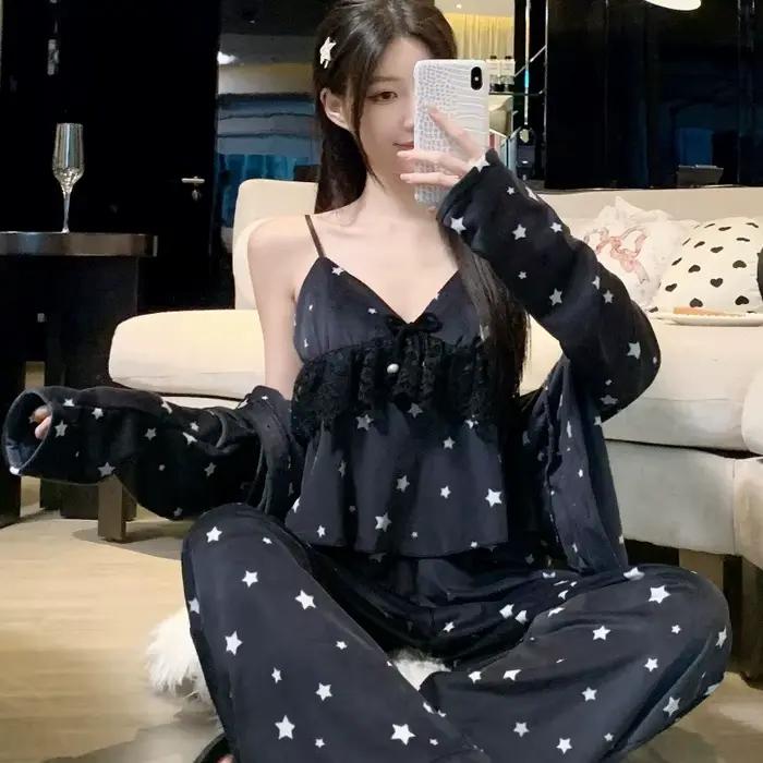 Nouveau velours 3 pièces Pyjamas ensemble maison vêtements doux noir déshabillé en dentelle à manche