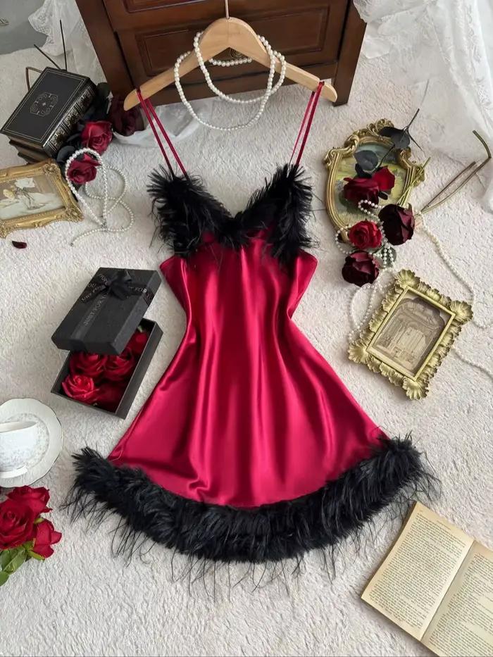 Robe de nuit pour femme avec bordure en plumes, col en V, sexy, unie, respirante, courte, pour la ma