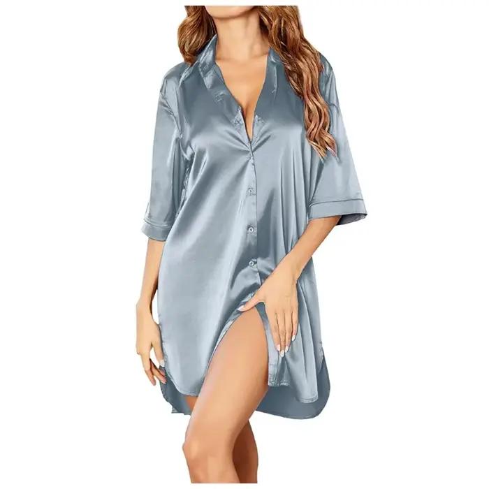 Chemise de nuit pour femmes, chemise de nuit boutonnée en soie, manches courtes, col cranté, vêtemen