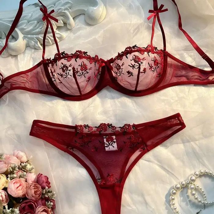 Nouvel ensemble de lingerie rose pour femmes, soutien-gorge brodé floral, ensembles de sous-vêtement