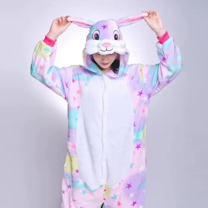 Pyjamas familiaux assortis en forme d'animaux, combinaisons lapin étoile arc-en-ciel avec chapeau, v