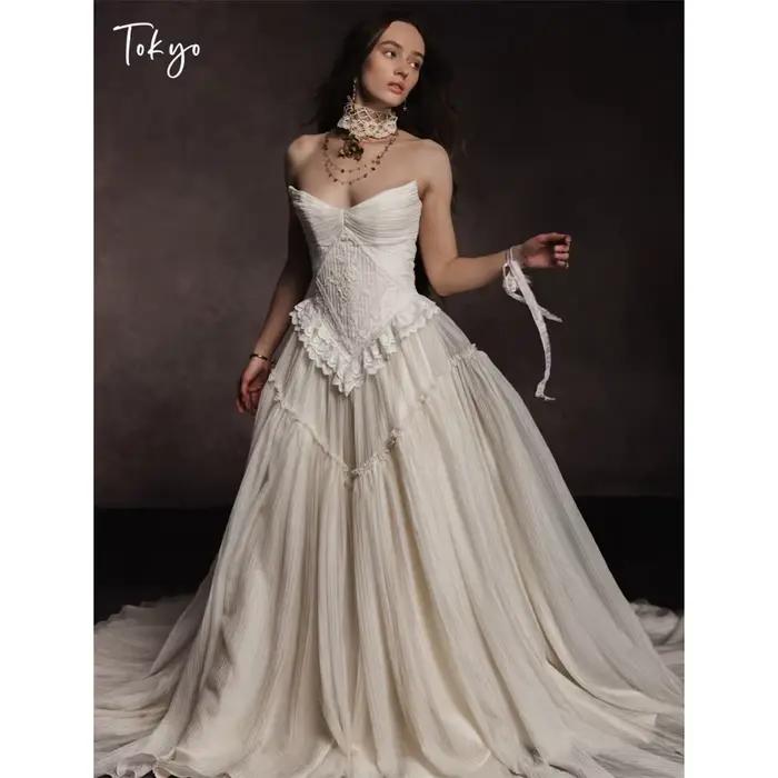 Robe de mariée plissée style corset vintage Tokyo, sans bretelles, en dentelle, pour mariage médiéva