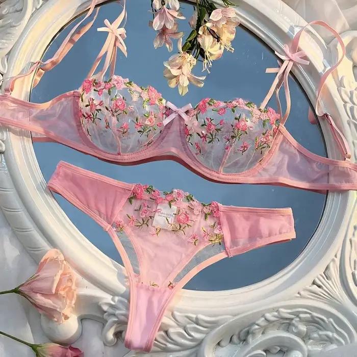 Soutien-gorge rose transparent pour femmes, ensemble de lingerie sexy, soutiens-gorge brodés à fleur