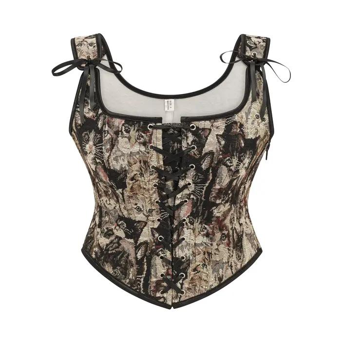 Bustier vintage à lacets sur le devant pour femmes, corset, haut court avec sangle, surbuste désossé