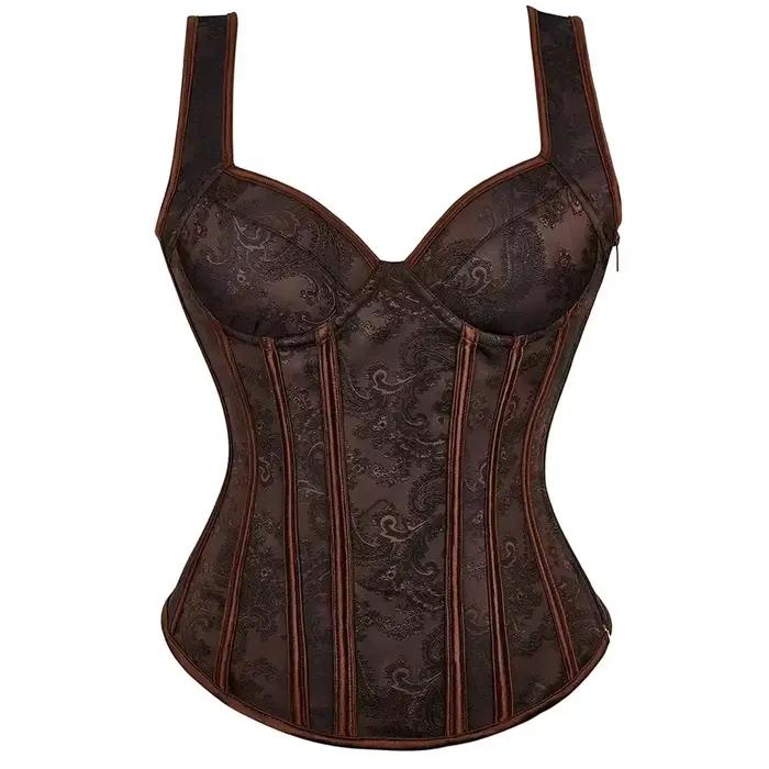 Vintage femmes gothique haut Corset avec bretelles surbuste Sexy Bustier fermeture éclair brocart Pu
