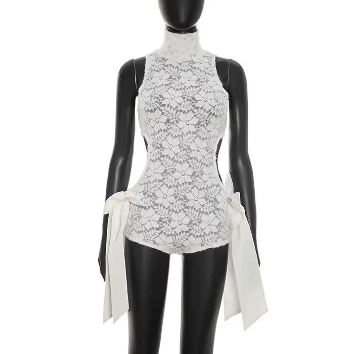 Combinaison moulante sexy à col roulé en dentelle pour femme, style Y2K, évidée, sans manches, pour 