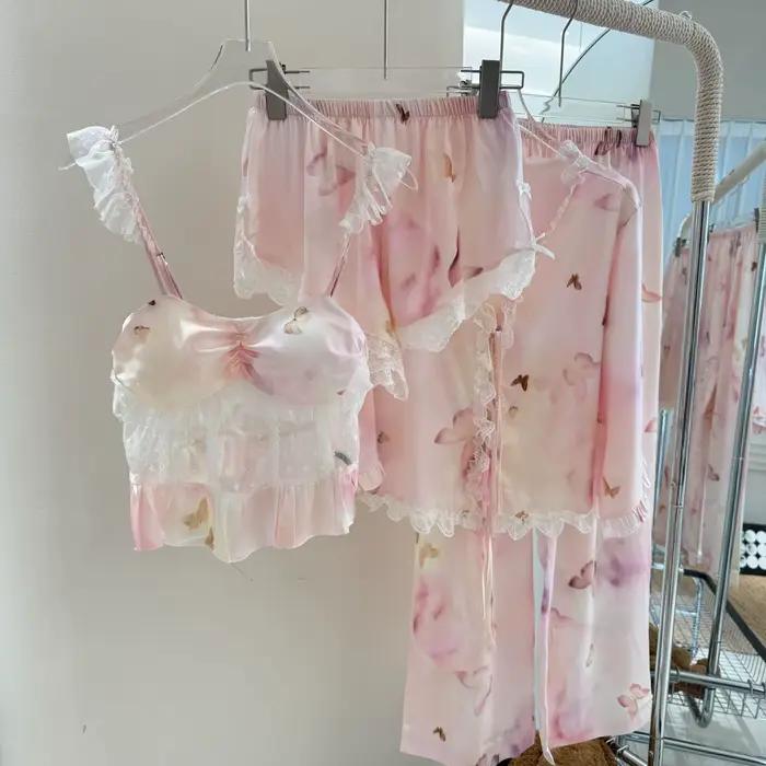 Ensemble pyjama d'été 4 pièces pour femme, vêtements de nuit, Sexy, dentelle, imprimé Floral, Satin,