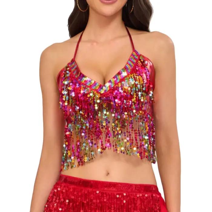 Soutien-gorge à franges et paillettes pour femmes, Costume de spectacle, hauts et gilets, léger et c