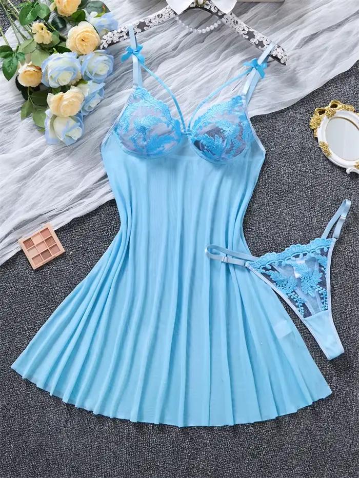 Robe de nuit femme bleu ciel avec nœud, lingerie babydoll, nuisette à fines bretelles et col en V, b
