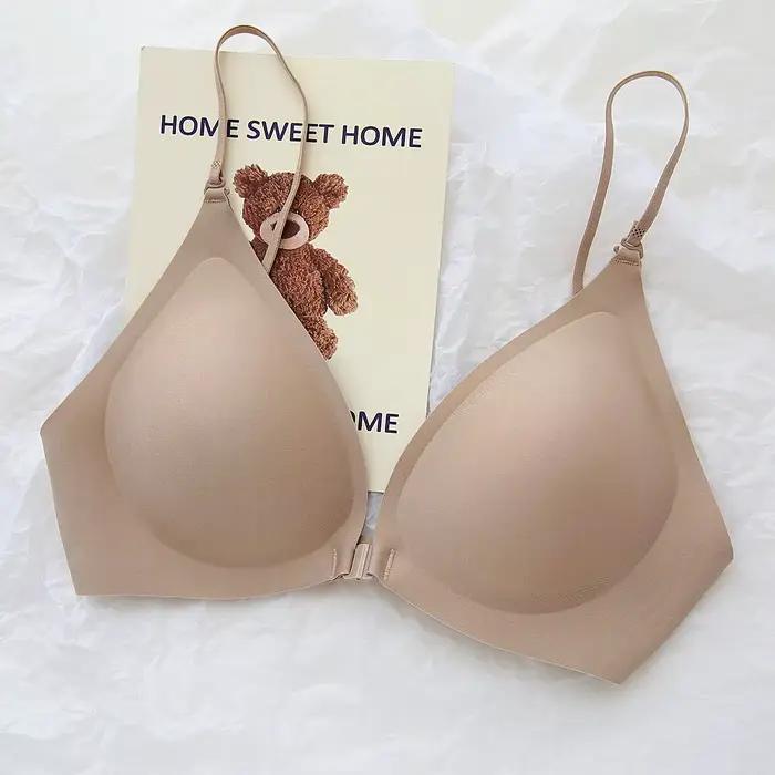 Soutien-gorge sans fil à fermeture frontale, design dos en U large et à une bretelle, push-up sans c