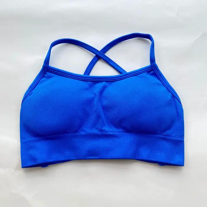 Soutien-gorge de sport pour femme, sans couture, à bretelles, rembourré, dos ouvert, soutien moyen, 