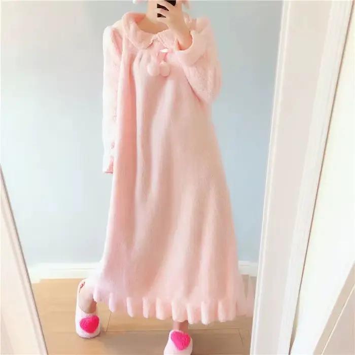 Chemise de nuit en flanelle épaisse pour femmes, couleur unie, chaude, manches longues, vêtements de