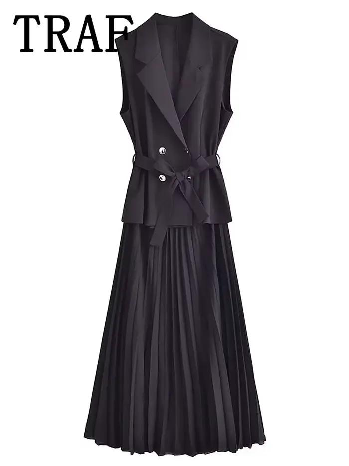 Robe Corset plissée pour femmes, gilets longs, sans manches, robe de soirée au bureau, froncée, mi-l