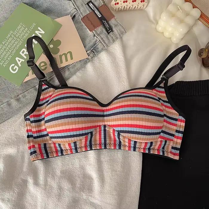 Nouveauté style Dopamine : soutien-gorge sexy et mignon pour femmes, color block, rayures arc-en-cie
