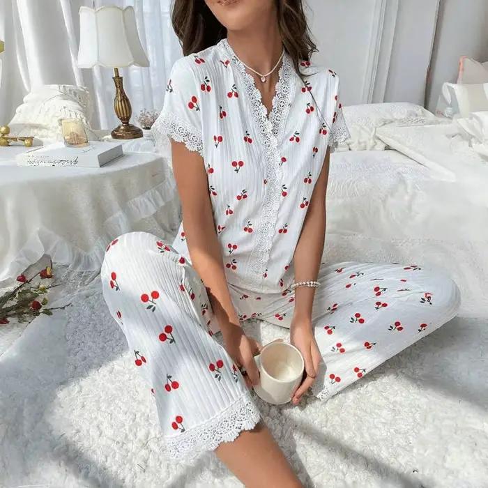Ensemble pyjama 2 pièces en dentelle pour femmes, haut à manches courtes avec boutons sur le devant 