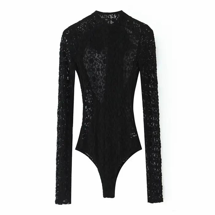Body en dentelle pour femmes, noir, découpé, col rond, manches longues, + Mini jupe d'épissure, nouv
