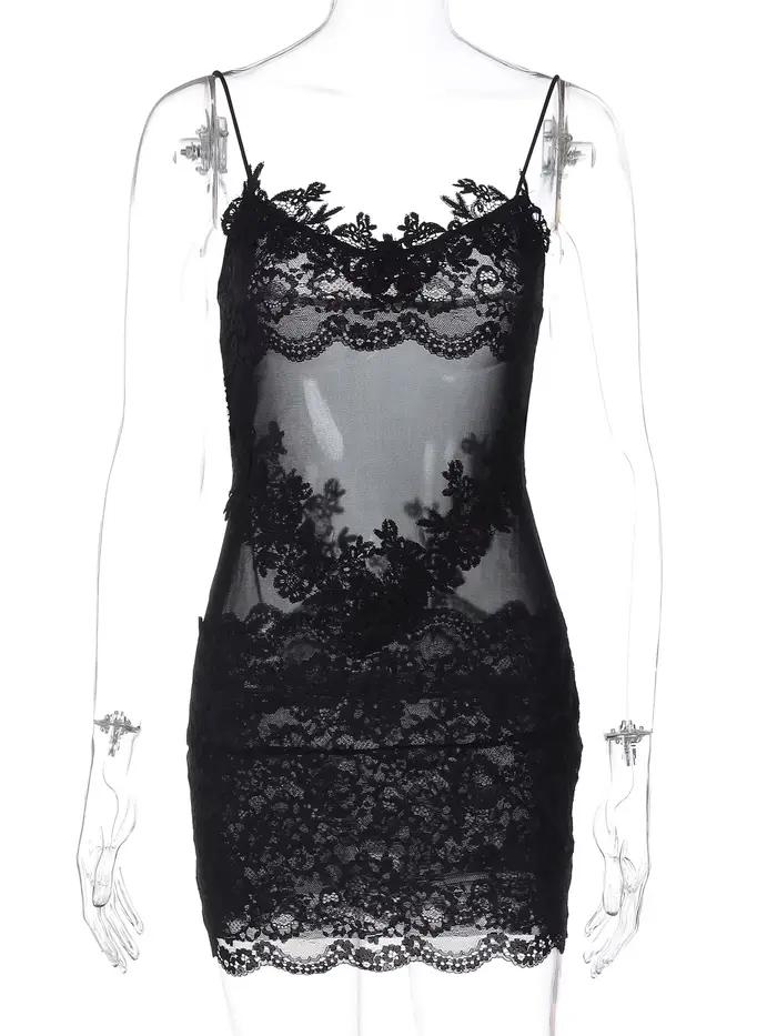 Hugcitar femmes mode dentelle solide glisse Patchwork Sexy mince voir à travers Mini robe été vacanc