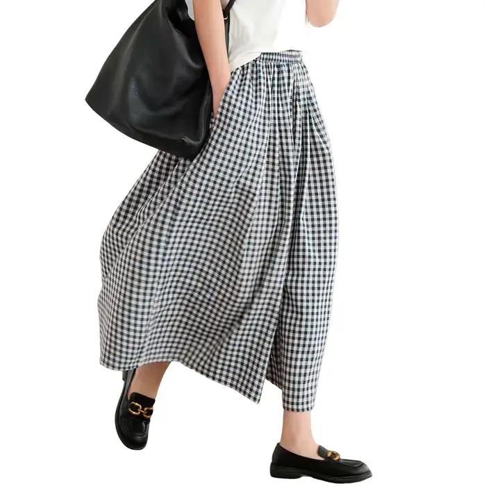 Pantalon Capri à jambes larges pour femme, culotte à carreaux vichy en coton, taille élastique, bas 