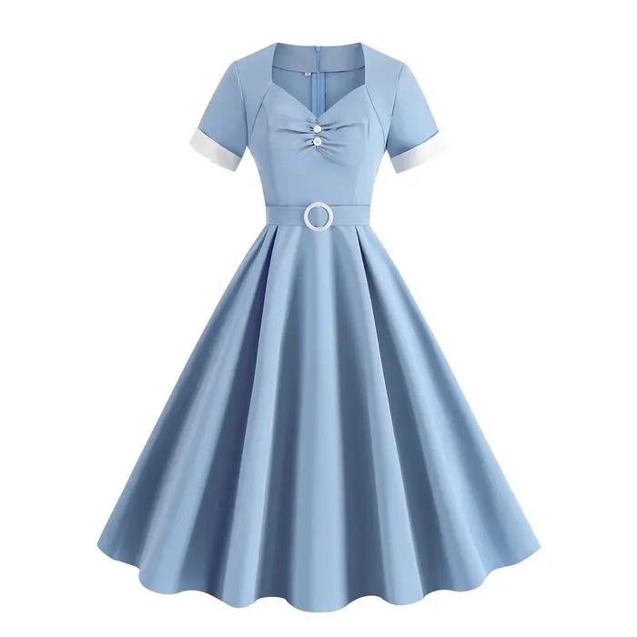 [You're My Secret] Robe vintage bleue pour femme des années 1950, style Hepburn, à manches courtes, 