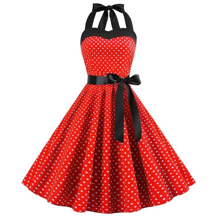 Robe Sexy rétro blanche à pois, Hepburn, Vintage, col licou, Robe de soirée, années 50 et 60, Pin Up
