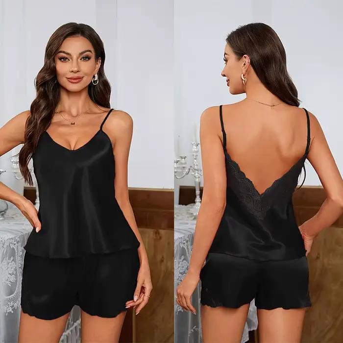Ensemble pyjama Sexy en dentelle, dos nu, décolleté en V profond, vêtements de nuit de luxe, en Sati
