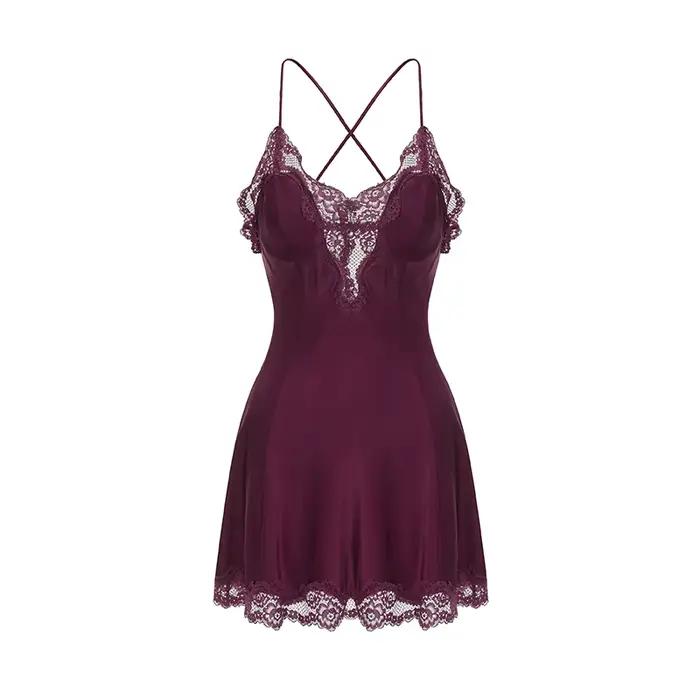 Violet élégant nuisettes profonde V doux soie dentelle Sexy chemise de nuit femmes vêtements de nuit