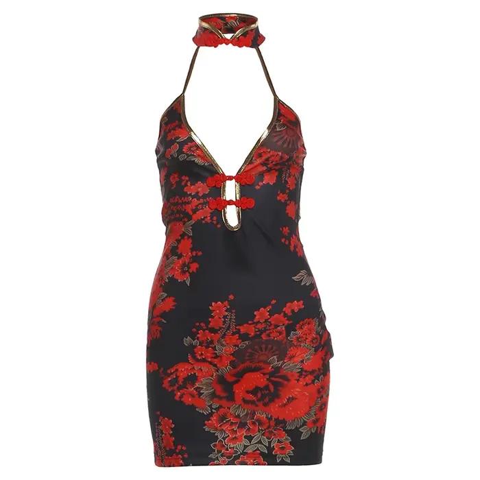 Robe Courte Sans Manches Femme Sexy Halter Imprimé Floral Bodycon Y2K Noire et Rouge Tenue de Soirée