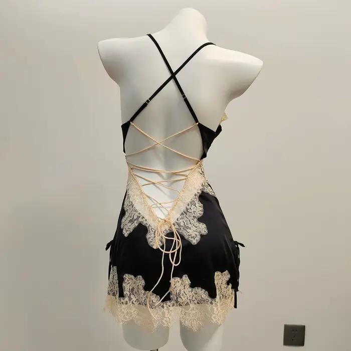 Pyjamas sexy pour femmes vêtements de nuit dentelle de soie glacée beau dos jarretelle pyjama robe d