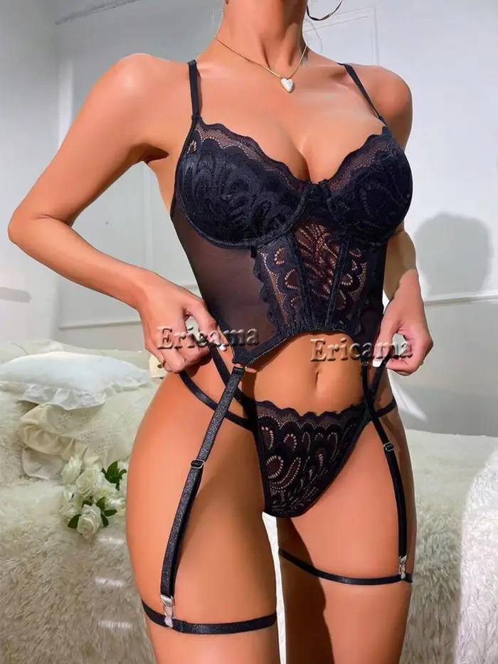 Ensemble de Lingerie jarretelles en dentelle florale avec tour de cou pour femmes, intimes, soutien-