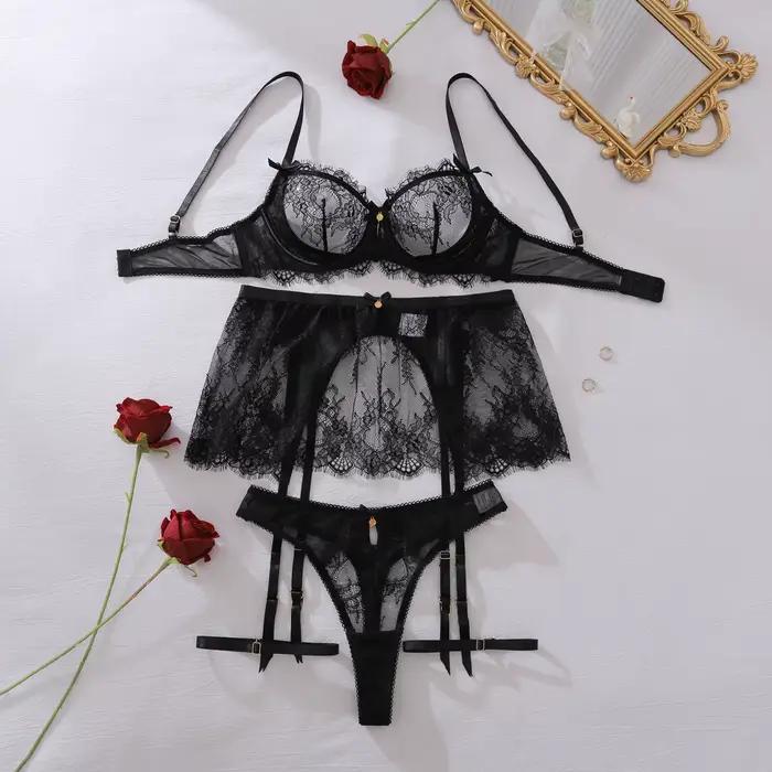 Ellolace Ensembles de Lingerie Séduisante pour Femme, Soutien-gorge en Dentelle à Cils Sexy, Ceintur