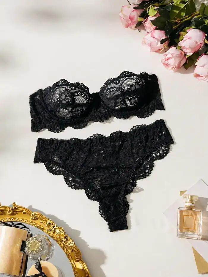 Ensemble de lingerie en dentelle florale pour femme – Soutien-gorge bandeau sexy à armatures et stri