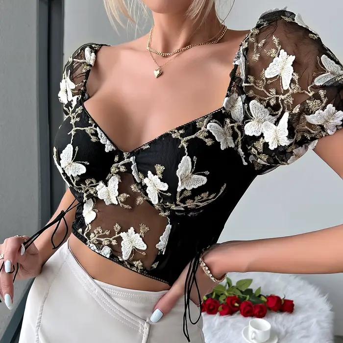 Papillon broderie bulle manches hauts Corset gilet mince été Sexy culture débardeur femmes décontrac