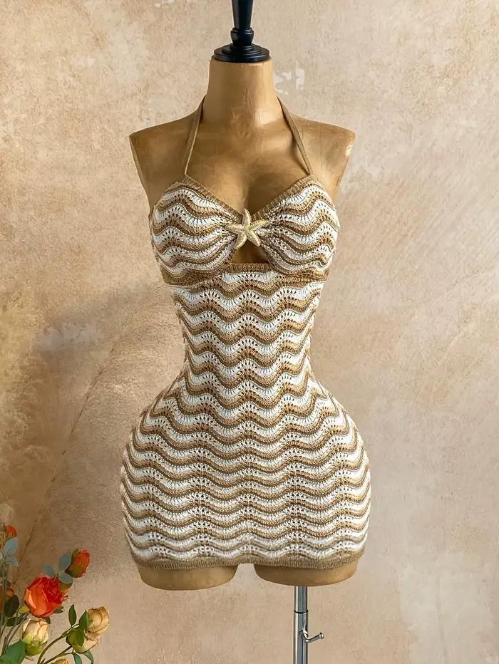 HLJ Robe moulante bohème rayée patchwork pour femme, dos nu, sans manches, à découpes, tenue de plag
