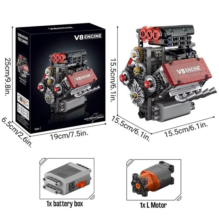 Modèle de simulation de moteur V8 en briques, blocs de construction à entraînement électrique, pièce