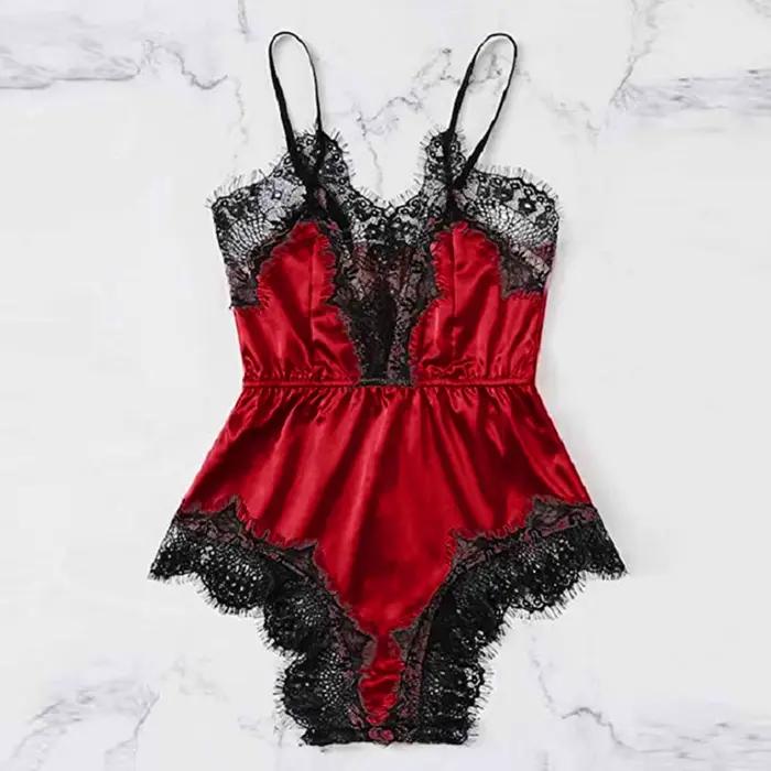 Body Sexy en dentelle pour femmes, vêtements de maison, dentelle noire, taches roses, bretelles, sho